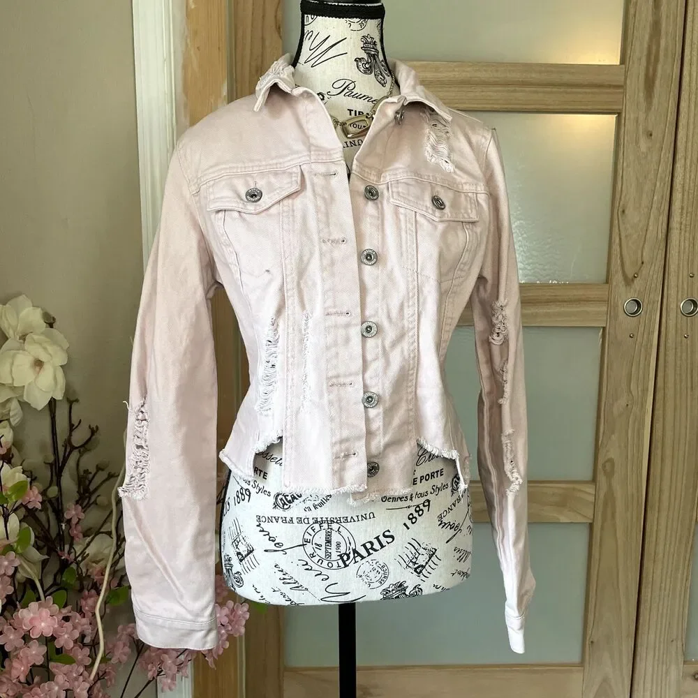 Cropped Denim Jacket Womens M Jessica Simpson Fitted Button Down Distressed